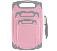 Cutting Boards for Kitchen, Plastic Chopping Board Set of 4 with Non-Slip Feet and Deep Drip Juice Groove, Easy Grip Handle, Dishwasher Safe, BPA Free, Non-porous(Pink/Gray)