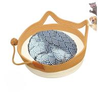 Cutypet Cat Basket, Virela Wicker Woven Cat Bed, Cotton Rope Woven Handwoven Round Cats Bed with Toy Tail, Scratching Pad and Play Ball, Breathable Beds for Pet (Caramel with Cotton Mat,Medium)