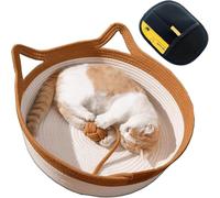Cutypet Cat Basket, Wicker Woven Bed, Handwoven Breathable Durable Natural Rattan Sleeping House, with Built-In Mat & Teasing Ball(Brown,M)