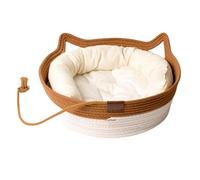 Cutypet Cat Basket with Toy Ball, Handwoven Cotton Rope Cat Bed with Cute Ear Design, Durable Scratch-Resistant Sleeping Nest for Cats & Small Dogs (Brown 2, 36 * 36 * 14 cm)