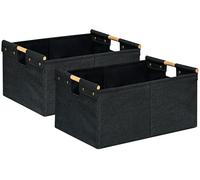CUUSNNY 2 Pack Rectanglar Storage Basket ,Cotton Linen Fabric Collapsible Storage Bin with Wooden Handles Large Gift Basket for Closet Bookshelves Cabinets Clothes Organizer for Home Office (Black)