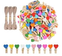 CUWELT 150pcs Mini Wooden Heart Pegs Colourful, Colored Wooden Heart Pegs with 30M Jute String, Wood Heart Clips for Crafts Wedding Party Decorative Photo Paper Wall DIY