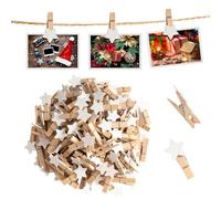 CUWELT 200pcs Mini Wooden Star Pegs, 3.5CM White Photo Star Clips with 30 Meters Jute Twine for Decorative Photo Paper Wall DIY, Paper Clips Natural Star Pegs for Christmas Arts Crafts Wedding Party
