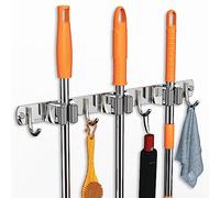 CUXIXA Mop and Broom Holder Wall Mount, Upgraded Broom Organizer Wall Mount, Stainless Steel Broom Hanger Wall Mount for Home Kitchen Garden Laundry Garage (3 Racks with 4 Hooks)