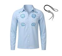 Cuzeolin Men's Napoleon Cosplay Dynamite Costume Pedro Bomb Blue Shirts Printed Long Sleeve Casual Shirts with Bolo Tie XL