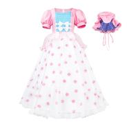 Cuzeolin Womens Bo Peep Costume with Bonnet Hat Pink Polka Dot Dress Princess Halloween Cosplay Ball Gown for Adult, Pink, XX-Large