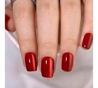 CUZIAM Red Cat Eye Press on Nails Short Square-Soft Gel Glossy Wine Red Nails Tips with Glue, Reusable Fall Halloween Short Cat Eye Fake Nails Cherry Red Stick on Nail for Women Girls,32pcs 16 Sizes