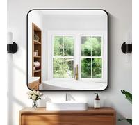 CV-JZ-CIVENO Black Bathroom Mirror,36"x36" Black Bathroom Mirror for Wall,Rectangle Black Framed Mirror for Bathroom,Rounded Corner Bathroom Vanity Mirror Wall Mounted Horizontal Or Vertical