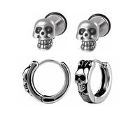 CVAYU 2 Pairs Punk Gothic Skull Earrings Set for Men Boys,Rose Flower Skull/Dragon/Star Stainless Steel Stud Earrings Cool Jewlery for Hip Hop Rapper Skeleton Biker Huggie Hoop Earring, Stainless