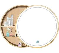 CVERTHAF LED Round mirror cabinet bathroom wood with light, Wall Mount Mirror Cabinet Bathroom Storage, Solid Wood Anti-Fog Bathroom Mirror/Wall-Mounted Round Vanity Mirror, Black,70cm (Wood 50cm)