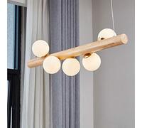 CVGBFDGYJN Modern LED Chandelier 5 Light Rectangular Pendant Lamp Adjustable Height White Glass Shade Oak Wood Design Ideal for Dining Room Kitchen Living Room Warm Light 80cm