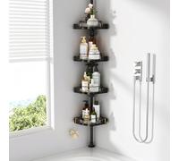CVGETME Coner Shower Caddy Tension Pole with 4 Lazy Susan Bathroom Corner Organizer 360° Rotating 35-128 Inch No Drilling Floor Standing Shelves Adjustable Shower Rack for Bathroom (Black)