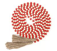 CVHOMEDECO. 16 Feet Wood Beads Garland with Tassels Farmhouse Rustic Wooden Decorative Bead String Wall Hanging Accent for Home Festival Decor. (Mix Red and Beige)