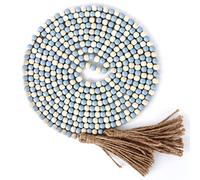 CVHOMEDECO. 16 Feet Wood Beads Garland with Tassels Farmhouse Rustic Wooden Decorative Bead String Wall Hanging Accent for Home Festival Decor. (Mix Light Blue and Beige)