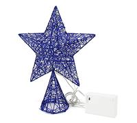 CVHOMEDECO. Blue Tree Top Star with Warm White LED Lights and Timer for Christmas Ornaments and Holiday Seasonal Décor, 8 x 10 Inch