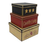 CVHOMEDECO. Farmhouse Square “Country Living” Cardboard Nesting Boxes for Photos Memories Keepsakes, Large 9 X 9 X 4.5 Inch. Set of 3.