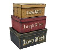CVHOMEDECO. Primitive Vintage Rectangular “Live Well, Laugh Often, Love Much” Cardboard Nesting Boxes, Large 12 X 9 X 5-1/2 Inch. Set of 3.