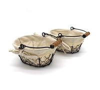 CVHOMEDECO. Primitives Country Chicken Wire Small Gift Baskets Gathering Baskets with Wooden Handle and Fabric Liner. Set of 2 (Oval)