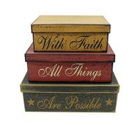 CVHOMEDECO. Primitives Vintage Rectangular Cardboard Nesting Boxes With Faith All Things Are Possible for Photos Memories Keepsakes and Home Decor., Large 12 X 8 X 4 Inch. Set of 3.