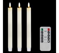 CVHOMEDECO. Real Wax Flameless Taper Candles with 10-Key Remote, Battery Operated Led Flickering 3D Wick Light Window Candles Home Christmas Party Decor 0.78 x 10 Inch, Pack of 3, Ivory