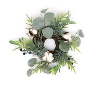 CVHOMEDECO. Rustic Country Artificial Christmas Wreath, Snowy Pine Branch Eucalyptus Leaves Cotton Peach with Twig Wreath for Indoor or Outdoor Display, 9-Inch