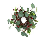 CVHOMEDECO. Rustic Country Artificial Eucalyptus Leaves and Twig with Red Berries Wreath, Year Round Full Green Wreath for Indoor or Outdoor Display, 9-Inch