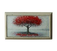 CVHOMEDECO. Rustic Vintage Hand Painted Wall Art Framed Ready to Hang Wall Hanging 3D Painting Decoration Art, Landscape Red Tree Flower Design, 14.75 x 8.5 Inch