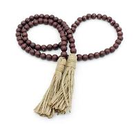 CVHOMEDECO. Wood Beads Garland with Tassels Farmhouse Rustic Wooden Prayer Bead String Wall Hanging Accent for Home Festival Decor. Brown Distressed