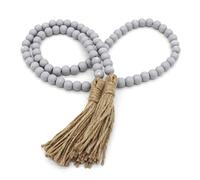 CVHOMEDECO. Wood Beads Garland with Tassels Farmhouse Rustic Wooden Prayer Bead String Wall Hanging Accent for Home Festival Decor. Grey Distressed