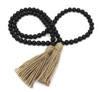 CVHOMEDECO. Wood Beads Garland with Tassels Farmhouse Rustic Wooden Prayer Bead String Wall Hanging Accent for Home Festival Decor. Black