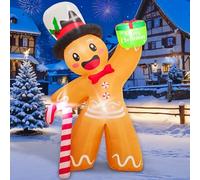 Cvkwe 6FT Gingerbread Inflatable Christmas Decorations, Standing Outdoor Christmas Inflatables with LED Lights, Blow Up Gingerbread Man with Gift Box for Home Garden Lawn Outdoor & Indoor
