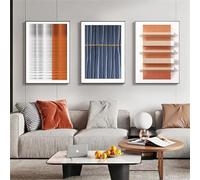 CVMINY 3 Pictures Set-Abstract Orange, White and Blue Linear Wavy Grid Fan-shaped Watercolor Art Poster Nordic Modern Wall Office Decoration Painting-40x50cm (No Frame)