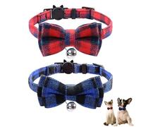 CVNRCLP 2-Pack Plaid Cat Collars with Bow Ties | Adjustable Safety Collars with Bells | Soft Tartan Design for Kittens & Puppies | Christmas Bow Collar in Blue & Red