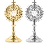 CVUTOVO 2 Pcs Catholic Monstrance Decor, Metal Religious Desktop Ornament, Small Standing Eucharistic Decoration, Christian Tabletop Figurine for Home Office Prayer Room, Gold and Silver