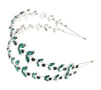 CVUTOVO Elegant Double Layer Green Crystal Wedding Headbands with Rhinestone Leaf Design, Comfortable Fit Bridal Rhinestone Hair Accessories for Special Occasions and Weddings