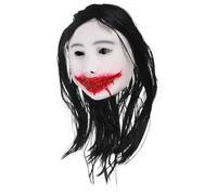CVUTOVO Long Hair Female Ghost Mask with Wig Latex Scary Horror Masks for Adults Halloween Masquerade Cosplay Costume Accessory for Haunted Houses and Spooky Parties