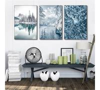 CWBLYZ Art Picture,Nordic Winter Natural Snow Mountain Abstract Forest Landscape Poster Lake Cedar Painting Wall Pictures Sofa Bedroom Kitchen Office Decoration-40 * 50cm*3/(16 * 20inch*3) Unframed