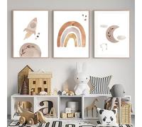CWBLYZ Pictures,Abstract Watercolor Cartoon Moon Rocket Rainbow Wall Art Canvas Painting Modern Poster Prints Pictures For Living Room Bedroom Decor-50 * 60cm*3PCS (No Frame)