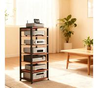 CWCQGH 7 Tier Rack with Wheels Media Stand & Record Player Shelf Adjustable Shelves Stylish Black Media Console Cabinet for Home Theater & Audio Equipment,Teak Color