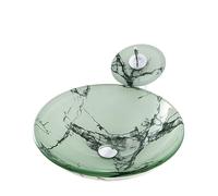 CWCQGH Bathroom Vessel Sink 16 Inch, Round Glass Sink Bowl, Above Counter Bathroom Sink With Waterfall Faucet And Drain Combo-Black-1 (Green 1)