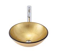 CWCQGH Countertop Sink Bowl Tempered Glass Vanity Sink Bowl On the Top Round Golden Vessel Bowl Sink with Faucet, Drain Combo and Mounting Ring