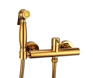 CWCQGH Solid Brass Toilet Handheld Spray Portable Bidet Shower Sprayer Set with Hot and Cold Shower Faucet Rose Gold & Chrome Seat Muslim Toilet Shattaf,Chrome,Gold