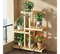 CWCQGH Wooden Plant Stand with Wheels 4 Tier Rolling Plant Shelf for Indoor and Outdoor Use Flower Pot Holder for Patio Balcony and Living Room Natural Wood Finish (Natural )