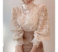 CWENROU Casual Ladies Shirts - Fashion Ladies Petal Cuffs Stand-Up Collar Hollow Flower Lace Patchwork Shirt Retro All-Match Ladies Blouse Chic Buttons Apricot Elegant Business Party Casual Outdoor,M