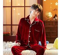 CWENROU Men'S Pajamas Set - Fashionable Men'S Large Size Two-Piece Pajamas Winter Thicken Warm Velvet Red Retro Lapel Long Sleeve Top + Trousers Gold Velvet Casual Homewear, Red,S