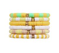 CWFPBA Colorful 6Pcs Heishi Clay Stackable Beaded Bracelet Surfer Vinyl Disc Polymer Multilayered Stretch Bracelet Bohemia Hawaii Summer Beach Boho Vacation Jewelry for Women, Adjustable, Metal, no