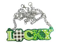 CWFPBA St.Patrick's Day Irish Lucky Festival Shamrock Glitter Green Clover Acrylic Four Leaf Pendant Adjustable Necklace St. Patrick Day Holiday Party Costume Jewelry for Women Men, Zinc, No Gemstone