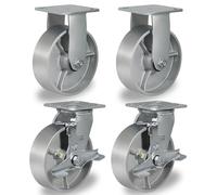CWfutureparts 6" x 2" Heavy Duty Industrial Casters, Rigid & Brake Wheels with Roller Bearing - Semi Steel Cast Iron Wheels - 5000 Lbs Capacity Per Set of 4