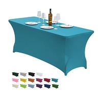 CWK 6FT Stretch Spandex Table Cover for Rectangular Fitted Folding Tables, Wrinkle Resistant, Elastic Stretchable Patio Tablecloth Protector for Party, Banquet, Wedding and Events (Lake Blue)