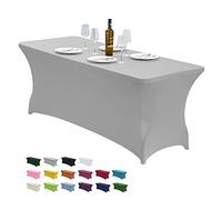 CWK 6FT Waterproof Stretch Spandex Table Cover for Rectangular Tables - Elastic Fitted Tablecloth for Folding Tables,Wrinkle Resistant Table Cloth for Parties, Weddings, Banquets & Events (Silver)